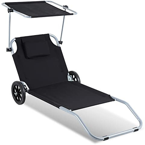 Ansobea Tumbona plegable con ruedas, tumbona de aluminio con toldo y respaldo ajustable para camping, ocio, jardín, playa (negro)