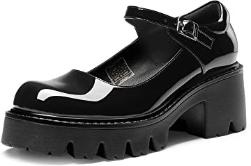 DREAM PAIRS Women Buckle Strap Round Toe Mary Janes,Black-Pat,4.5