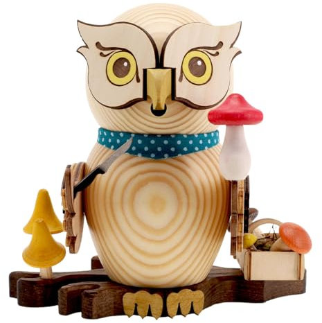 Drechslerei Kuhnert - Rauchfigur/Räucherfigur - Eule Pilzsammler aus Massivholz - ca. 15 cm - Made in Germany