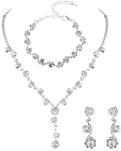 Yolev Brautschmuck Set Silber für Hochzeit Abschlussball Hochzeitsschmuck Braut Schmuck Set Silber Brautjungfern Strass Halskette Armband Ohrringe für Frauen Schmuck Set Hochzeit Mädchen