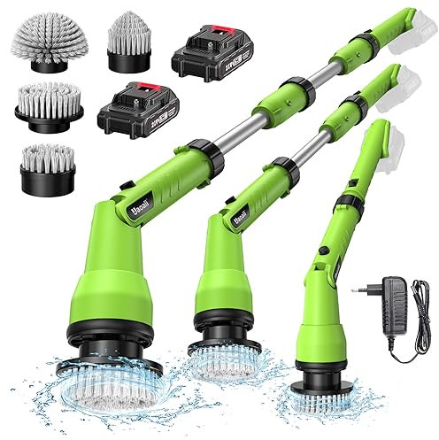 Elektrische Reinigungsbürste mit 2 ersetzbare Akkus, 1000 RPM Akku Spin Scrubber mit 4 Austauschbaren Bohrbürstenköpfen, Duschreinigungsbürste mit Verstellbarem Griff und Kopf(0°& 45°)