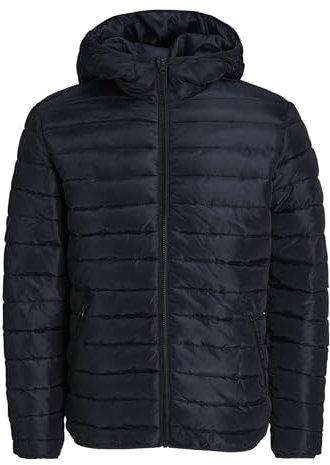 JACK & JONES Men's Jacket Puffer Hooded Neck Winter Warm Jacket Full Zip, Black Colour, UK Size- XL