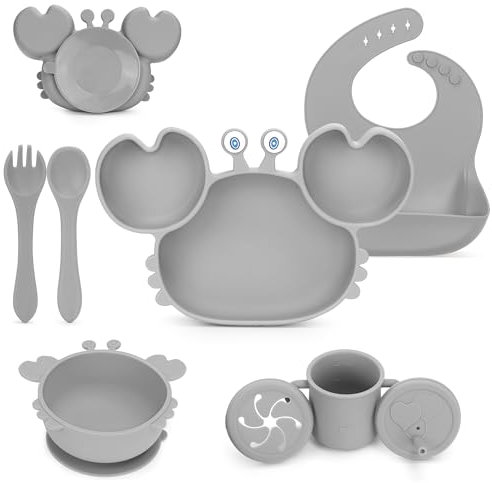MOJINL Silikon Baby Geschirrset mit Saugnapf, BPA Frei Kindergeschirr Set,8 Stück Baby Besteck Set mit Baby Teller Löffel Gabel Schüssel Lätzchen Snack Becher Trinklernbecher für Baby Mädchen Junge