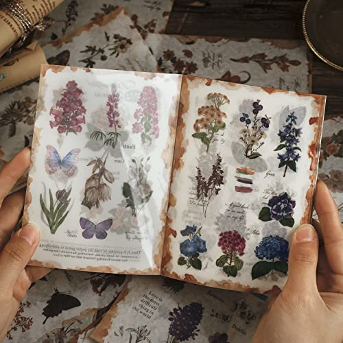 AVCEMOI Blumen Washi Aufkleber für Journaling, 150 Stück Vintage Scrapbooking Aufkleber Set, Ästhetische Aquarell Blumen Aufkleber Buch