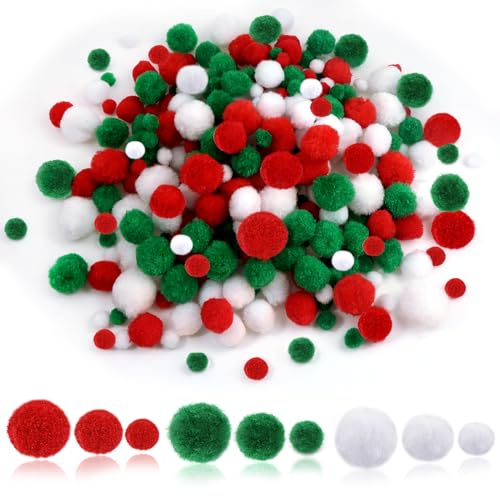 TOAOB 300 Pezzi Pom Poms Colorati Mini Pompon Piccoli Pon Pon 10mm a 2.5mm per Decorazioni Natalizie Feste Lavoretti Creativi Fai Da Te Crafts Rosso Bianco Verde