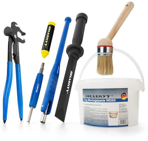5kg Reifenmontagepaste Montagepaste Weiß Reifenmontage Set inkl. Ventildreher, Ventileinzieher, Auswuchtzange für Schlaggewichte & Fettkreide