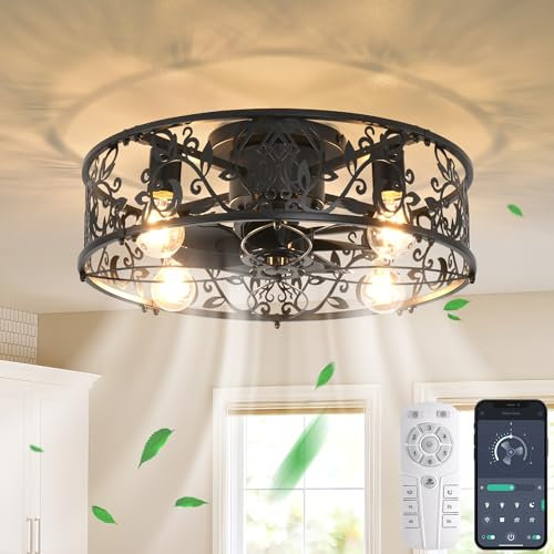 Ganeed Ventilador de techo enjaulado con luces, estilo industrial, iluminación de techo de granja de 51 cm, lámpara de montaje empotrado de techo de perfil bajo E27 con control remoto, color negro, 4
