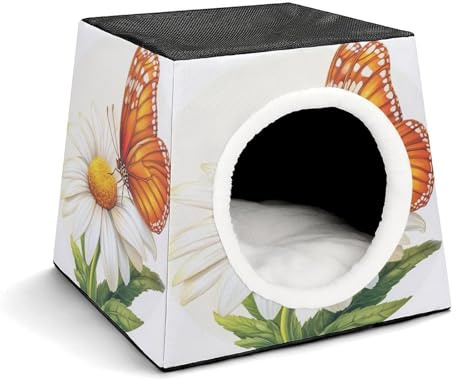 Orange Butterfly Perched on A White Daisy Pet Sleeping House Pets Nest Foldable Warm Cave with Pad Bed for Dogs Cats