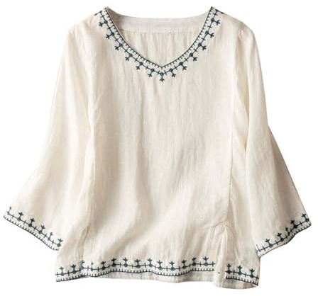 HAOLEI Women's Italian Linen Tunic Tops UK Plus Size Elegant V Neck 3/4 Sleeve Ethnic Boho Embroidery T-Shirt Casual Loose Cotton Lagenlook Shirts Oversized Going Out Blouses Sale Clearance White