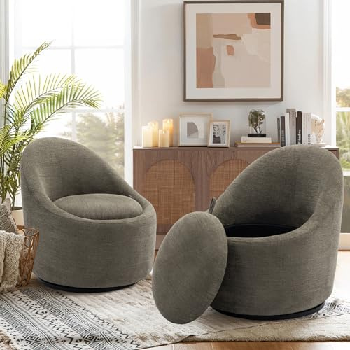 COLAMY Swivel Accent Chair Set of 2, 360° Swivel Round Chair with Hidden Storage, Modern Small Barrel Armchair for Living Room/Bedroom, Green, Textile Material
