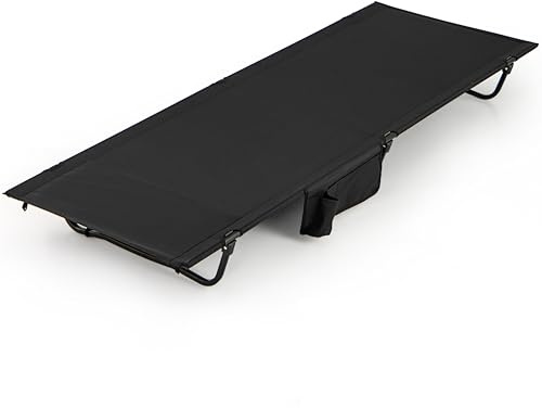 TANGZON Folding Camping Cot, Portable Camping Bed with Side Pocket & Carrying Bag, Outdoor Sleeping Cot for Travel, Backpacking, Hiking, Beach, Fishing, 150kg Load, Black