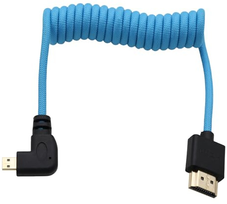 HangTon Right Angle Micro-HDMI 4K 8K High Speed Cable for ATOMOS Ninja V Ultra, Sony ZV-E10 A7C A7R4 A6700, Canon R6II R5C R10, Lumix S5 S9 G100, Fujifilm X-T50, Blue Braided Coiled 30cm