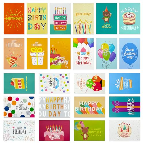 Zyluniy 24 Tarjetas de Cumpleaños, Tarjeta Felicitación Holográficas en Surtido con 24 Sobres y Pegatinas, Postales Cumpleaños, Plegables Tarjeta de Cumpleaño, Birthday Card para Hombres Mujeres Niños