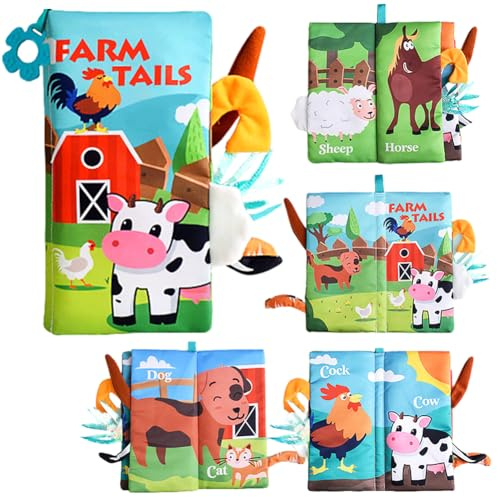 FCXVXCL Libro Sensoriali Neonati 0 3 6 Mesi, Libri di Stoffa per Neonati, Libro Interattivo con Coda di Animali, Libri Neonato Educativi, Regalo per Neonatis (Animale da Fattoria)