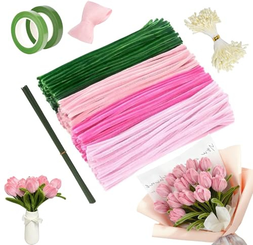 570pcs Pipe Cleaner Flower DIY Craft Kit - Pipe Cleaners with Pink Green Colors, Pipes Cleaner for Craft Flowers and Cleaning, Pipes Cleaners with Stamens Stems Florist Tape, Pink Tulip 0.8cm