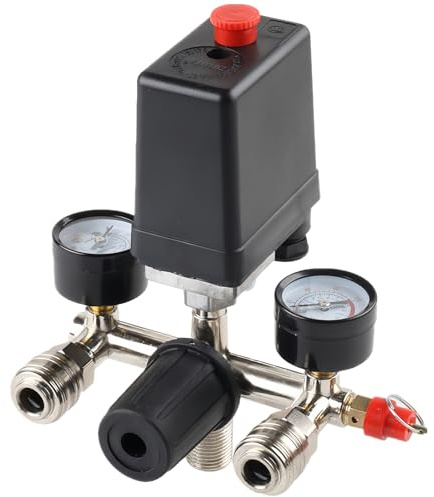 Regulador de Presión 230 V con 2 Encofrado Presión Punteros Medición 0 a 12 Bar, Presostato Compresor Aire Rosca Macho 1/2 (~ 20mm),Interruptor Control con Salidas Dobles,Manómetros,Válvula Seguridad