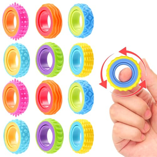 12 stycken Fidgetringar, fidgetleksaker för vuxna, fidget-spinnring med 6 texturer, fingerspinnare vuxna för ADHD autism, koncentrationshjälp för skola kontor