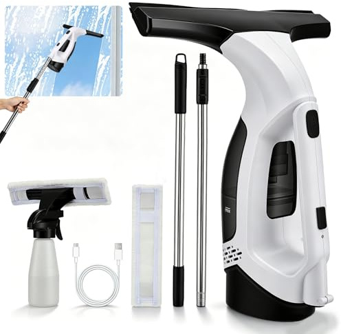 Limpiacristales Eléctrico Inalámbrico con Mango Telescópico, Aspirador De Ventanas 2000pa con Batería 2200mah Depósito 150ml, Kit Spray Microfibra para Ventanas Ducha Espejos Coche