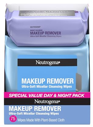 Neutrogena Day & Night Facial Cleansing Wipes, Makeup Remover Face Cleansing Towelettes & Night Calming Facial Cloths, 100% Plant Based Fibers Wipe Away Dirt & Oil, (3 Packs of 25)