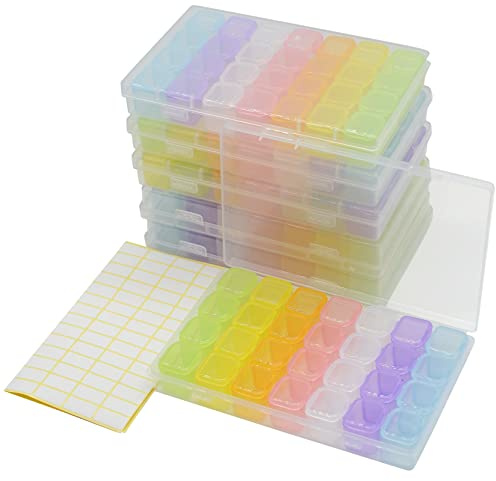 Yansanido 6 Pcs 28 Grids Colorful 5D Diamond Painting Embroidery Box, Accessories Storage Containers Adjustable Bead Case with 196 Pcs Label Stickers (28 Grids-6pack Colorful)