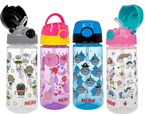 Nuby 2-Pack Kid’s Printed Flip-it Active Water Bottle with Push Button Cap and Soft Straw - 18oz / 540ml, 18+ Months, 2-Pack, Prints May Vary