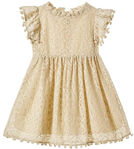 Beganly Flicka elegant prinsessa spetsklänning småbarn vintage pom pom fladdrande ärmar barn festklänningar, Beige, 18 månader