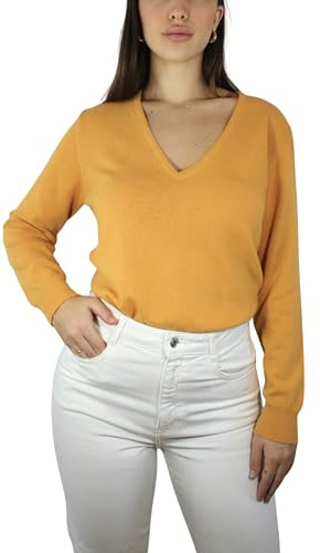 Win's Maglione da Donna con Collo a V in Cashmere, Prodotto in Italia, giallo, S