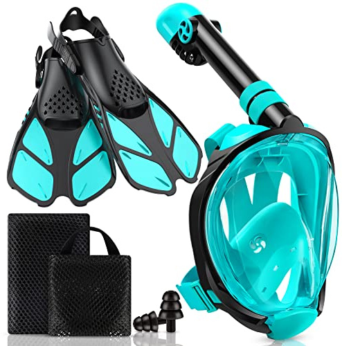 Viginsul Snorkeling Gear for Kids, Full Face Snorkel Mask & Adjustable Swim Fins Snorkel Set, Panoramic View Snorkel Mask with Dry Top System & Gear Bag, Anti-Fog Anti-Leak (Green)