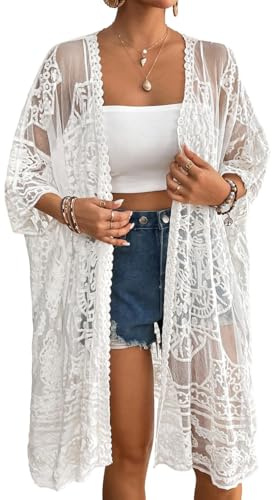 Bsubseach Strandklänning för kvinnor, sexig kimono, kofta, transparent, dold baddräkt, pareo, tunika virkad klänning, badkläder, överdrag, b-vit, One Size