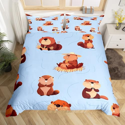 Cartoon Beavers Bedding Set Cute Wild Animals Bedding Duvet Cover Set Rustic Style Beavers Comforter Cover Brown Blue Bedspread Cover Bedroom Quilt Cover Twin,No Comforter