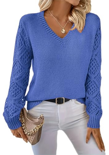 shownicer Pull Femme Chic Et Elegant Tricot Top Manche Longue Col en V Pullover Décontractés Couleur Unie Sweatshirts Automne Hiver A Bleu Foncé M