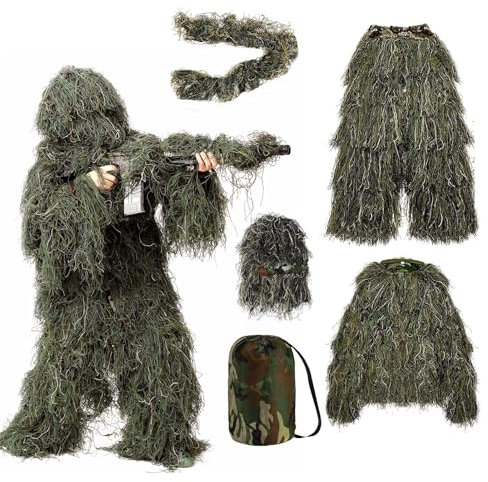 LLNTOU Ghillie Suit 5 in 1, Ghillie Suit for Men/Kids/Women, 3D Camouflage Hunting Apparel Including Jacket, Pants, Hood, Carry Bag, Gift for Hunter, Halloween Costumes(Youth)