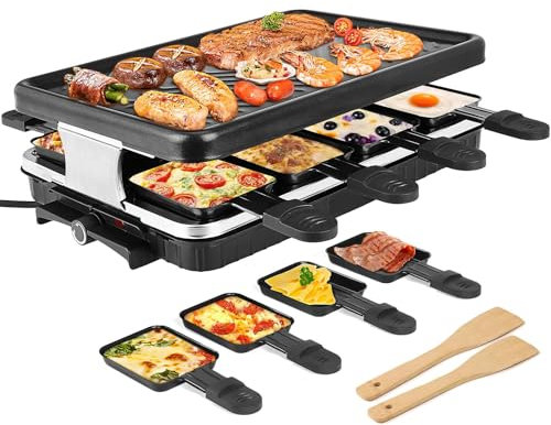 Parrilla EléCtrica Para 8 Personas De 1300 W Para Interiores + 8 Sartenes Para Raclette Y Queso + 2 EspáTulas De Madera, Temperatura Ajustable, Parrilla Antiadherente EléCtrica Sin Humo