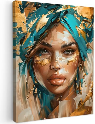 MuchoWow© Impression sur Toile Decoration Murale Peinture 50x70 cm Tableaux Art Décoratif Muraux Décoration Chambre Femme - Portrait - Or - Luxe - Bleu