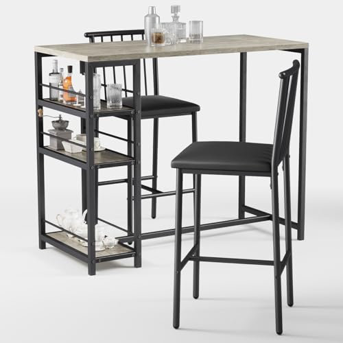 Xbro Bartisch Set 3-Teilig, Esstisch mit 2 Gepolsterten Stühlen, Esstisch-Set für 2 Personen mit 3 Ablagen, Metallgestell-Bartisch mit Barhocker-Set, Bistrotisch für Küche(Grau)