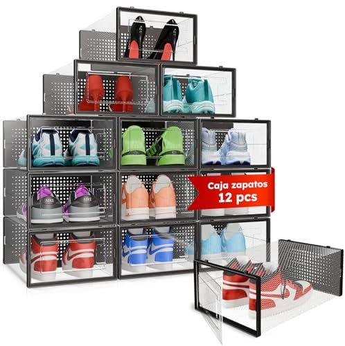CM HOME 12 Cajas Zapatos Transparentes Apilables con Apertura Frontal y Antivuelco, Organizador de Zapatos Plástico hasta Talla 45 EU, (NEGRO, 12 UNIDADES)