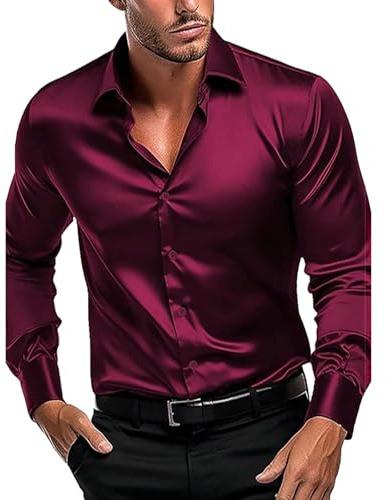 Generisk glänsande smal passform satin långärmad skjorta stretch fritidsskjorta män långärmad skjorta lätt traditionell skjorta button down herrskjortor strykfri kostymskjorta män festskjorta bekväma