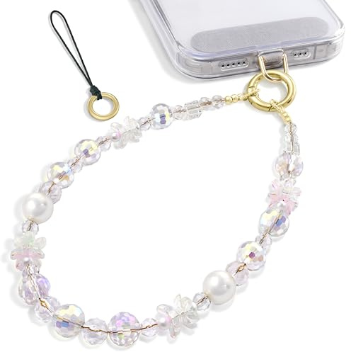 SURPHY Cordino per Cellulare con Perline, Charm a Petali di Cristallo, Laccetto per Cellulare da Polso con Antigoccia Staccabile,Adatti a Regali per Donne e Ragazze,Cristalli Scintillanti