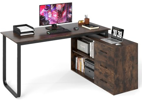COSTWAY L-Shaped Computer Desk, 140cm Large Corner Desk Working Writing Study Table with 3 Drawers & 3 Storage Shelves, Modern Wooden Home Office PC Laptop Gaming Workstation (Brown)
