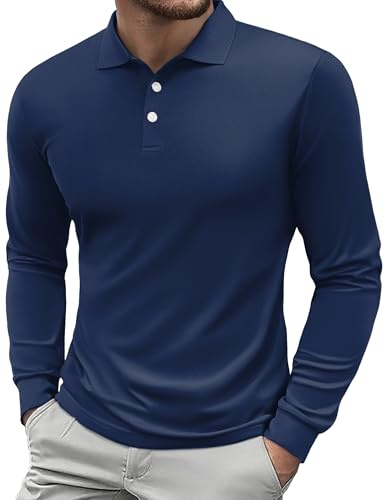 PINSPARK Polo Shirt Men's Long Sleeve Golf Shirts UPF 50+ Quick Dry Moisture Wicking Polos Outdoor Sports Poloshirt Tennis Hiking Casual Work Polo T-Shirt Navy Blue XL