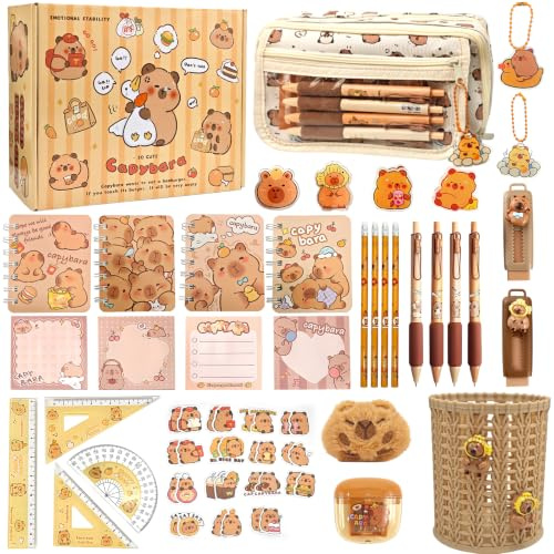 Ronronner 72 piezas Capybara Papelería Set Capybara Estuche Estuche con Soporte de Cesta, Estuche para Lápices, Cuadernos y Papelería - Set de regalo para la escuela, la oficina y el arte para niños y