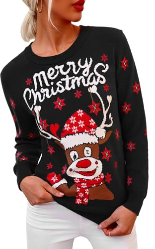 Wayleb Jersey Navideño Mujer Cuello Redondo Manga Larga Suéter de Navidad para Mujer Invierno Ropa de Punto de Reno