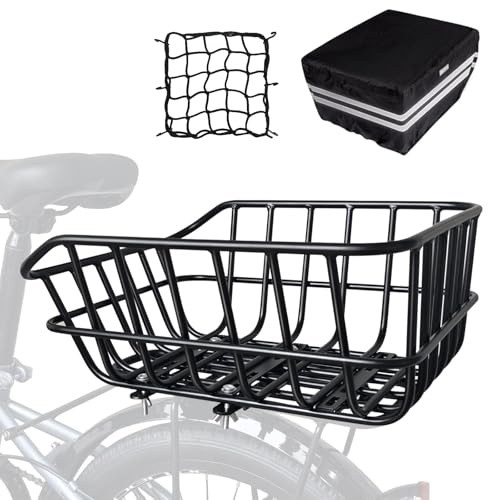 RAYMACE Bike Basket Rear with Cargo Net and High Reflectivity Waterproof Cover,Bicycle Baskets for Adult Bikes,Easy to Install and Large Capacity Bike Accessories