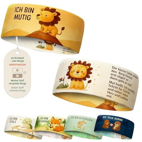 fenchi's AUSTRIA Kinder Emotion Lernen Stirnband - dünnes, elastisches Sportstirnband - für Jungen & Mädchen | Spielen, Schule & Sport (Löwe_Ich Bin Mutig)