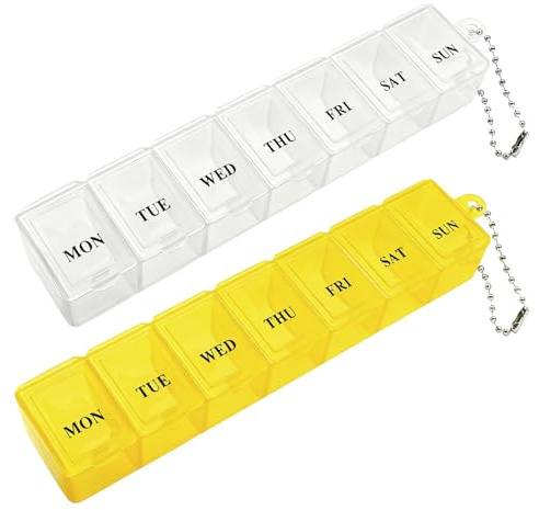 REEKNOKOL Caja de Pastillas 2 Piezas, Organizador de Pastillas Portátil 7 Días con Compartimentos para Medicamentos, Suplementos, Vitaminas y Aceite de Hígado de Bacalao (Amarillo y Blanco)