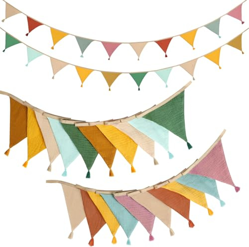 Alaoo Banderines, 2PCS Guirnalda de Banderines de Tela 2.6 Metros con 10 Banderas, Triangulares Impermeables Incluye Borlas y Cadena, banderines Reutilizables para Bodas Fiestas Guirnalda