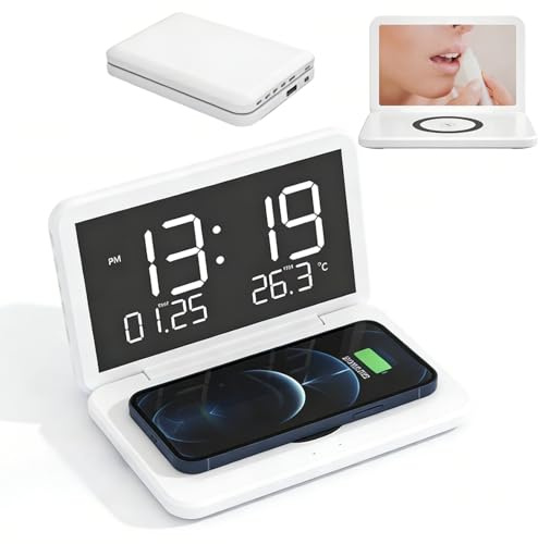Ouitble Reloj Despertador Digital con Estación de Carga Reloj de Cabecera Plegable 4 en 1 con Termómetro con Cargador Inalámbrico de 15 W, Reloj Despertador con Carga Inalámbrica (Blanco)