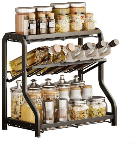 Étagère à épices à 3 niveaux pour comptoir de cuisine – Support d'assaisonnement debout avec design incliné, solution de rangement peu encombrante, noir