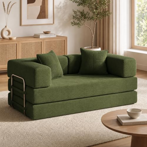 Vipbear 2 Seater Boneless Sofa Bed,Modular Convertible Folding Couch Green | 5-in-1 Futon Sofa Bed double |Corduroy Fabric|Compressed Pack|160cm Fixed-Shape Frame|Living Room|Bedroom|Guest Room