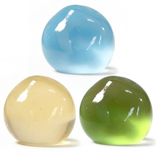 Confezione da 3 palline antistress malleabili all'olio di cocco da 6 cm, blu giallo verde – Palline da squish sensoriali in gelatina per il rilassamento e la concentrazione, giocattolo antistress